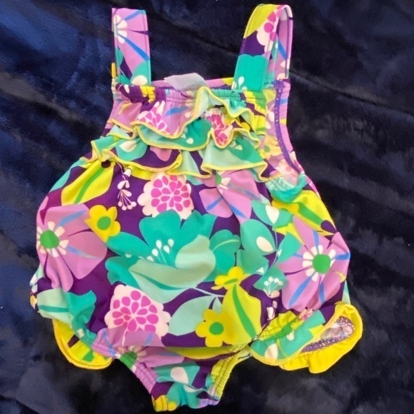 𝅺4 For $25 One Piece Infant Swimsuit size 6m floral purple green blue - Picture 2 of 4